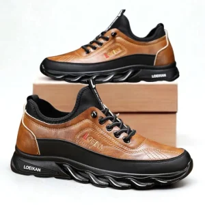 LOEIKAN Men's Brown Leather Casual Sneakers | Blade Sole Sports Fashion Shoes | Lightweight Lace-Up Leather Trainers for Men