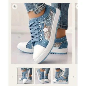 Women's Floral Lace Denim Sneakers | Blue Hollow Embroidery Platform Casual Shoes with Zipper & Flower Charm | Ladies Fashion Sneakers