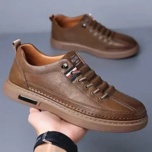 Men's Handstitched Brown Leather Casual Shoes | Moccasin-Style Flat Sole Lace-Up Sneakers with Tricolor Woven Detail | Premium Smart Casual Shoes